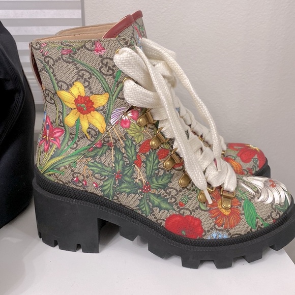GG Supreme Monogram Flora Lace Up Combat Ankle Boots - Picture 3 of 5